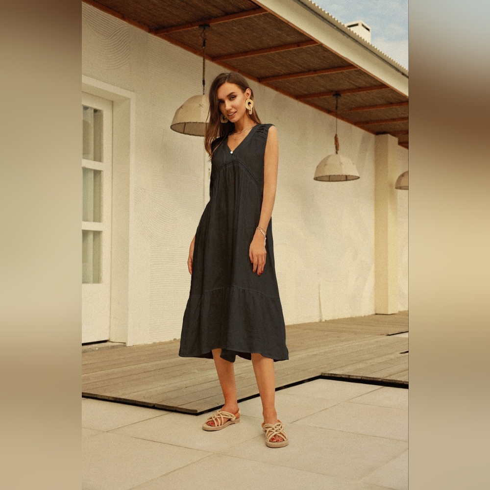 NWT - Hemp-Linen Frieeah Black Midi Nightgown Dress - Size L - Picture 2 of 8